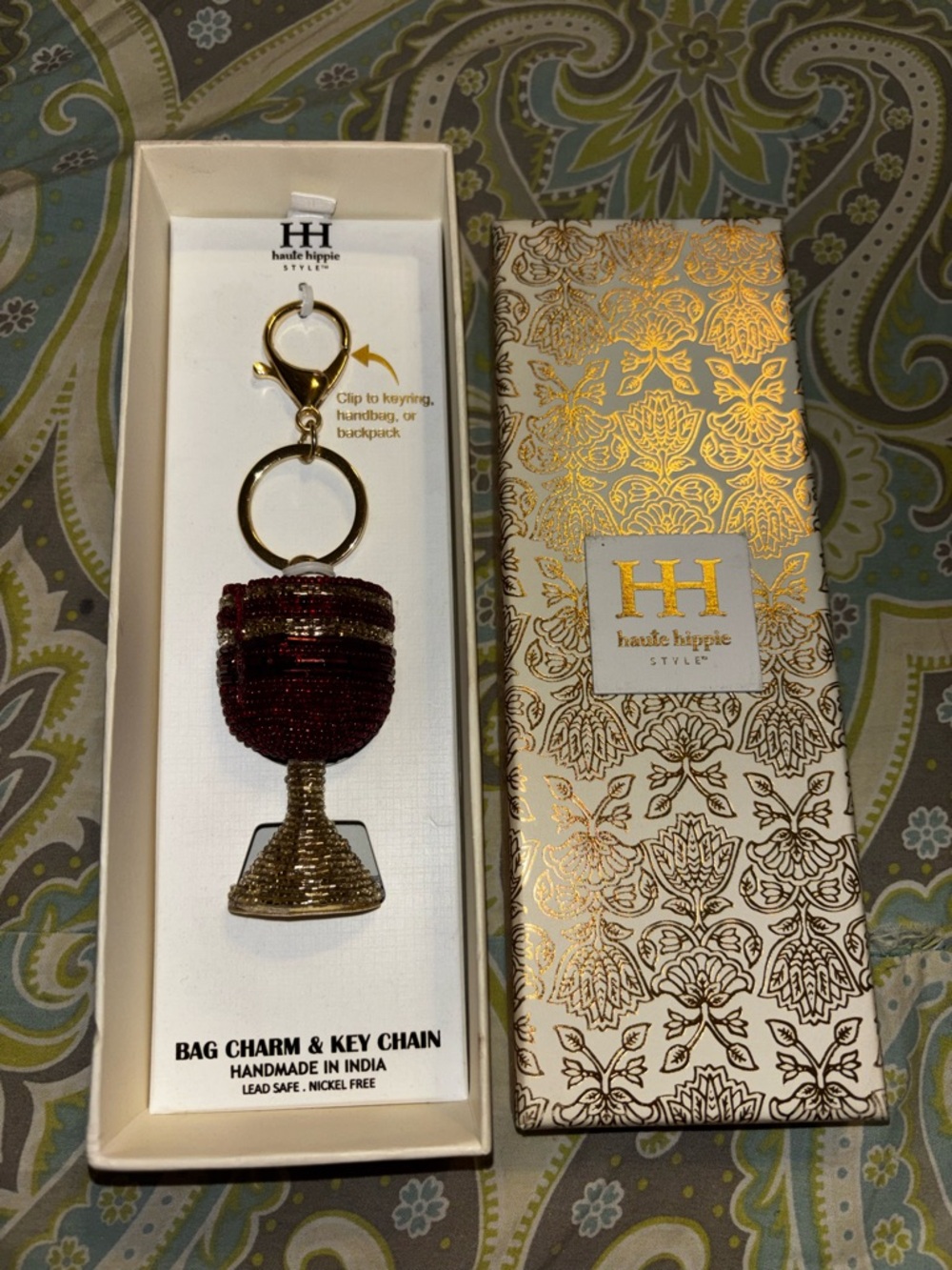 Haute Hippie Burgundy and Gold Beaded Wine Glass Key Charm